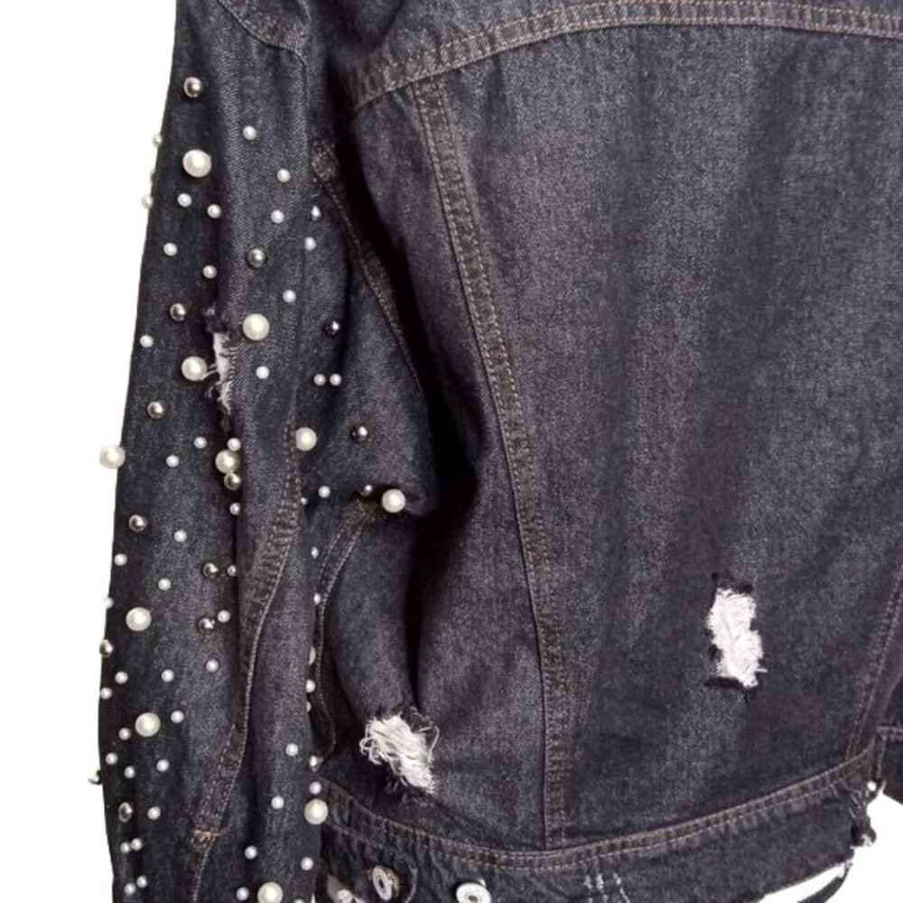 NWT Elan Distressed Denim w/ Pearl & Silver Beaded Black Jean Jacket M/L - Picture 7 of 9